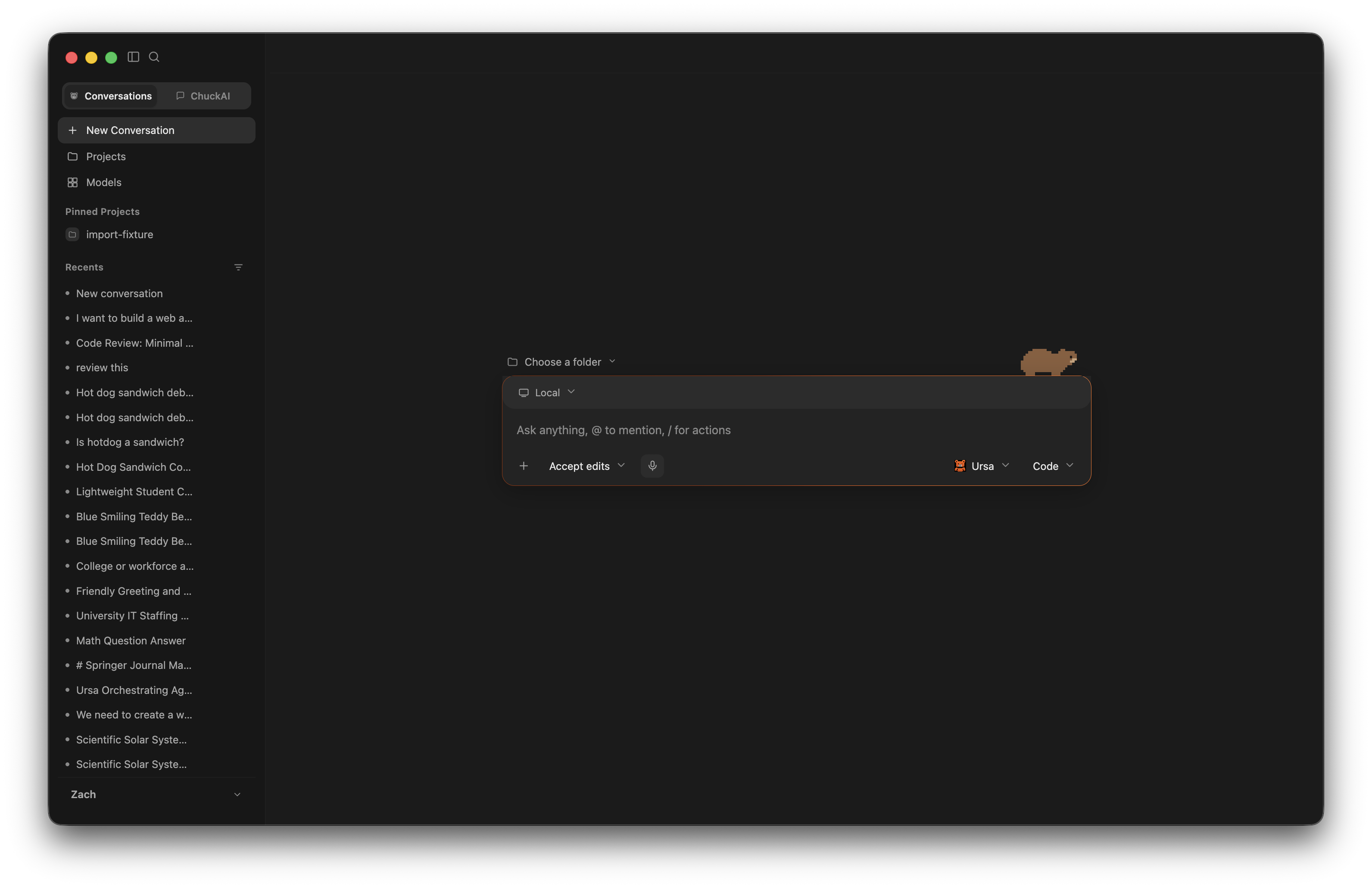 BearCode desktop application showing a project conversation, agent tools, and review controls